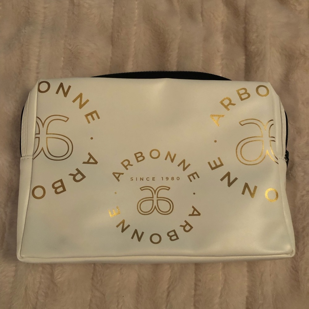Arbonne White Cosmetic Pouch with Gold Logo Accents